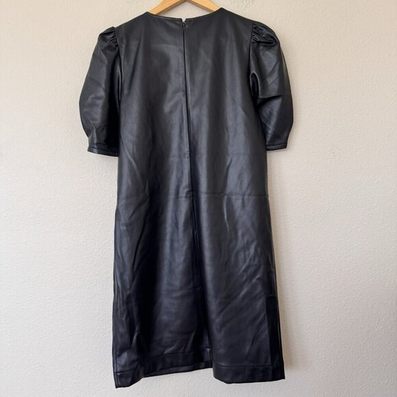 Loft Faux Leather Ruched Sleeve Shift Dress Size Medium Regular Black - Picture 5 of 5
